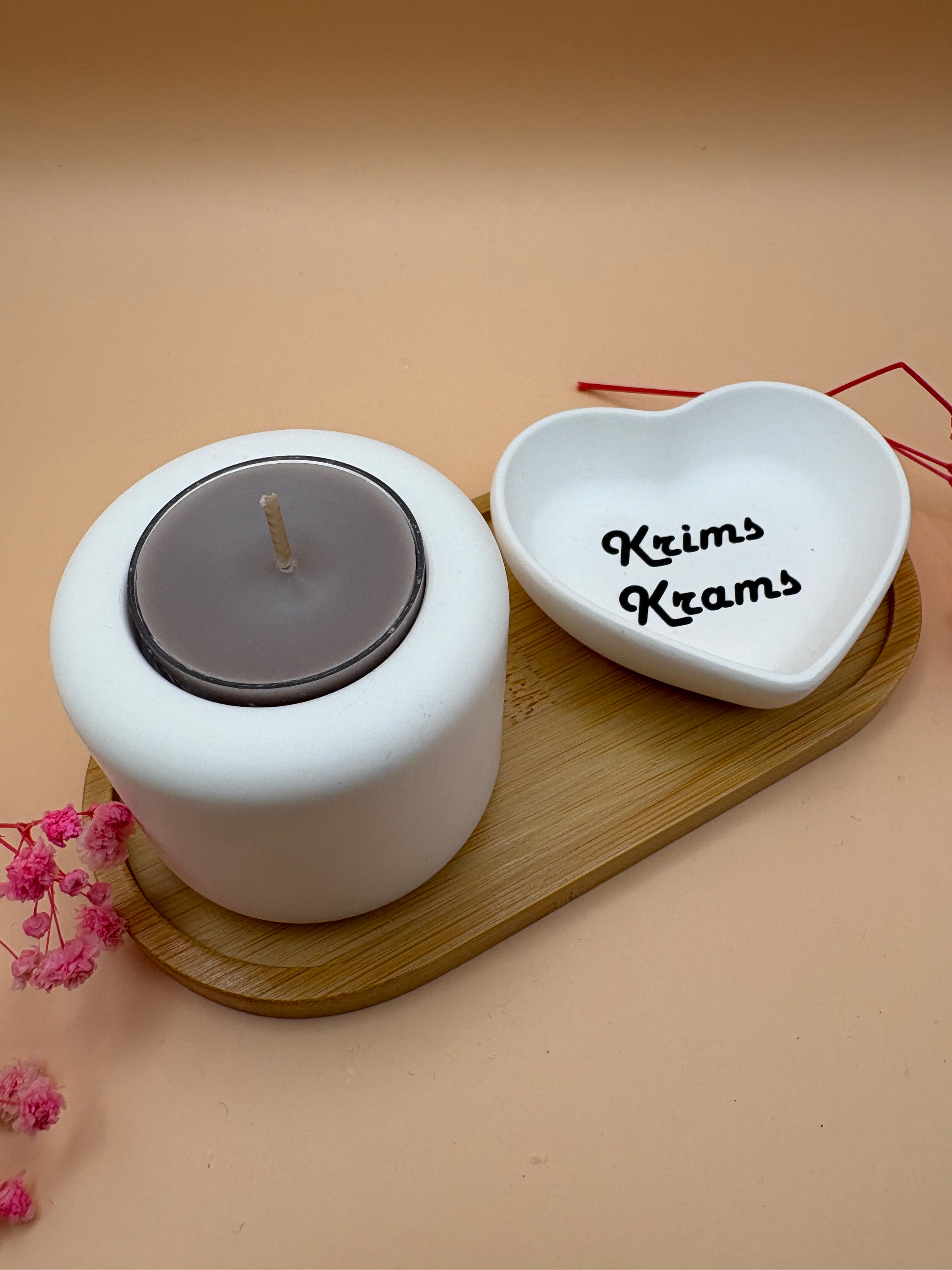 "Krims Krams" - Tellichthalter mit kleiner Schüssel auf Holztablett