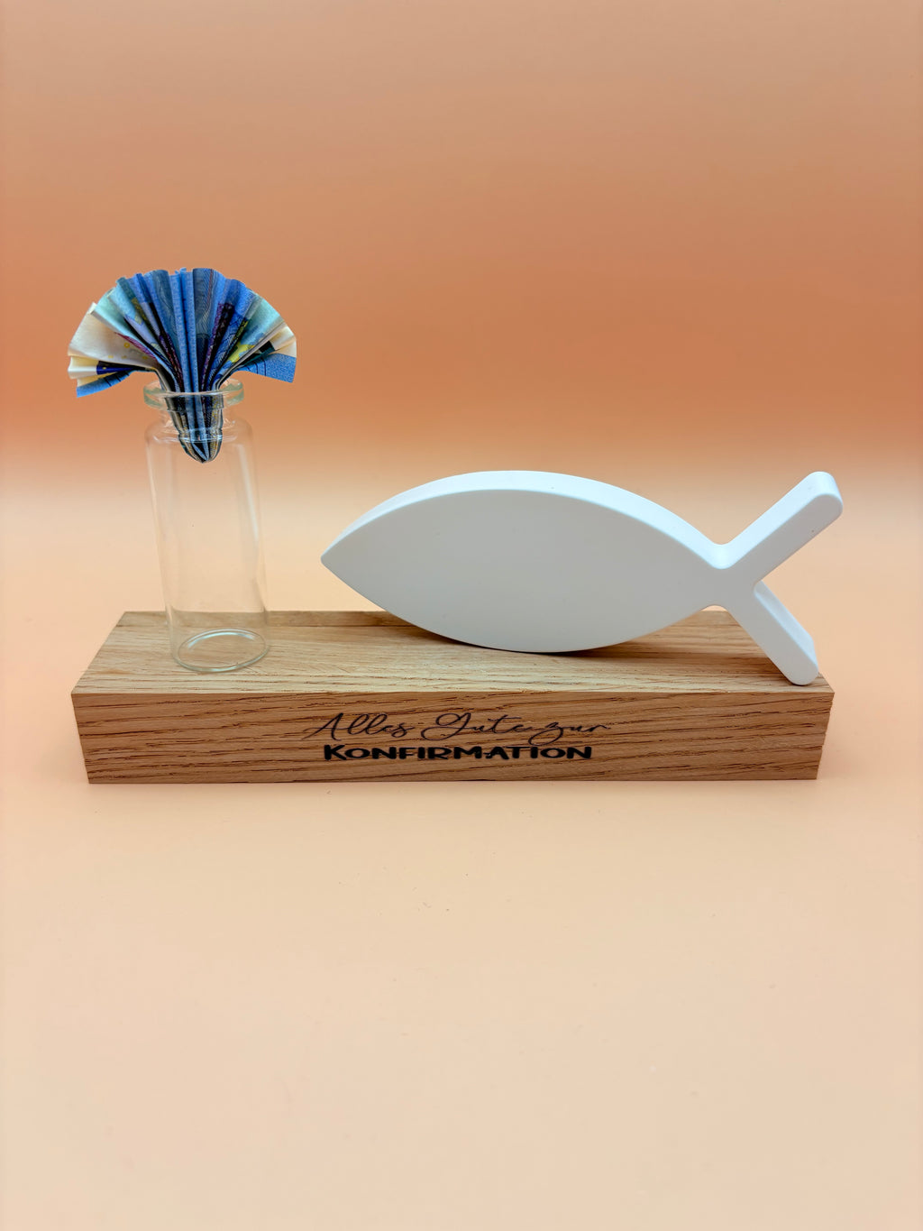 Konfirmation-Geschenkidee "Ichthys" auf Holz mit Reagenzglas