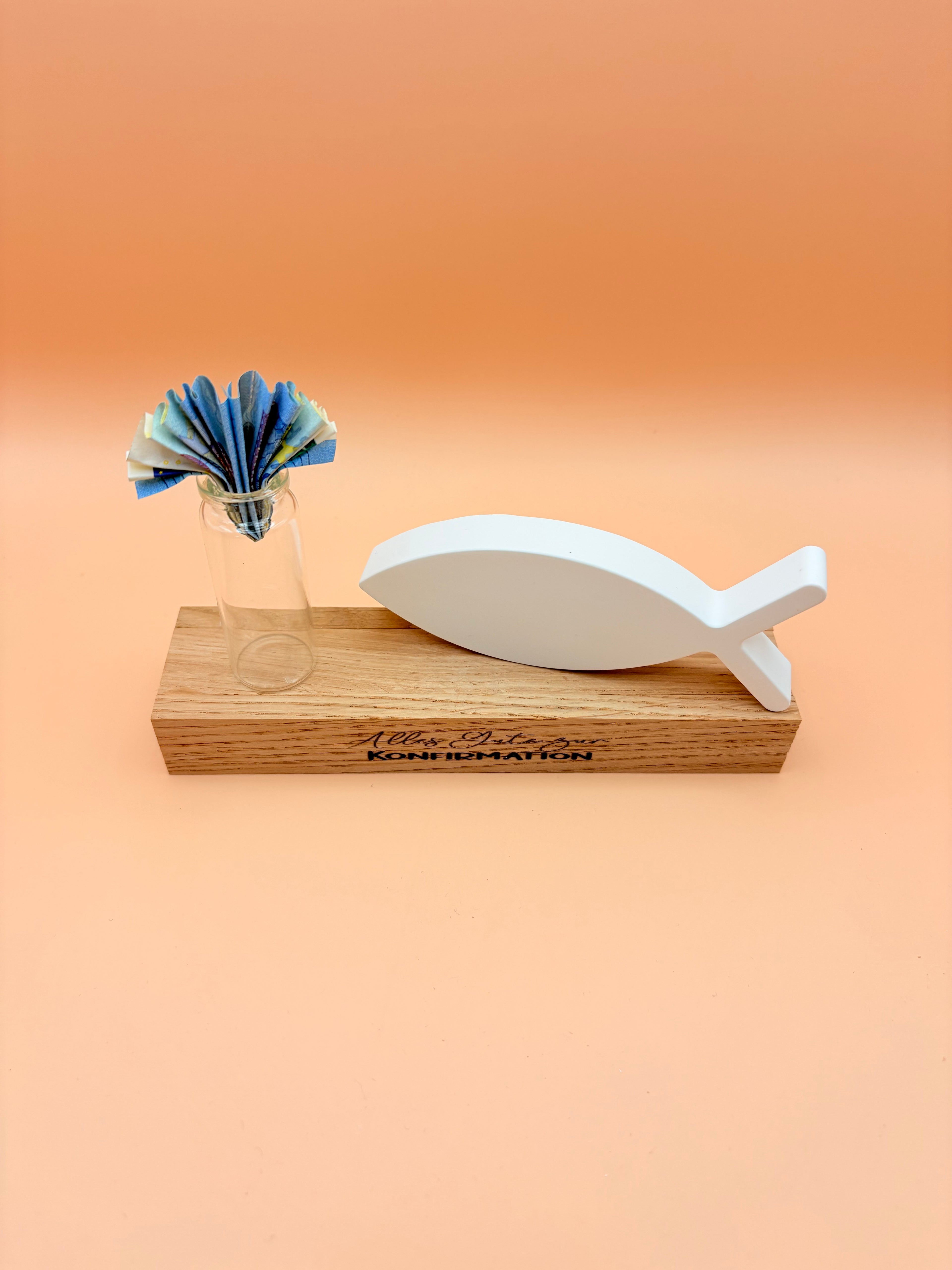 Konfirmation-Geschenkidee "Ichthys" auf Holz mit Reagenzglas