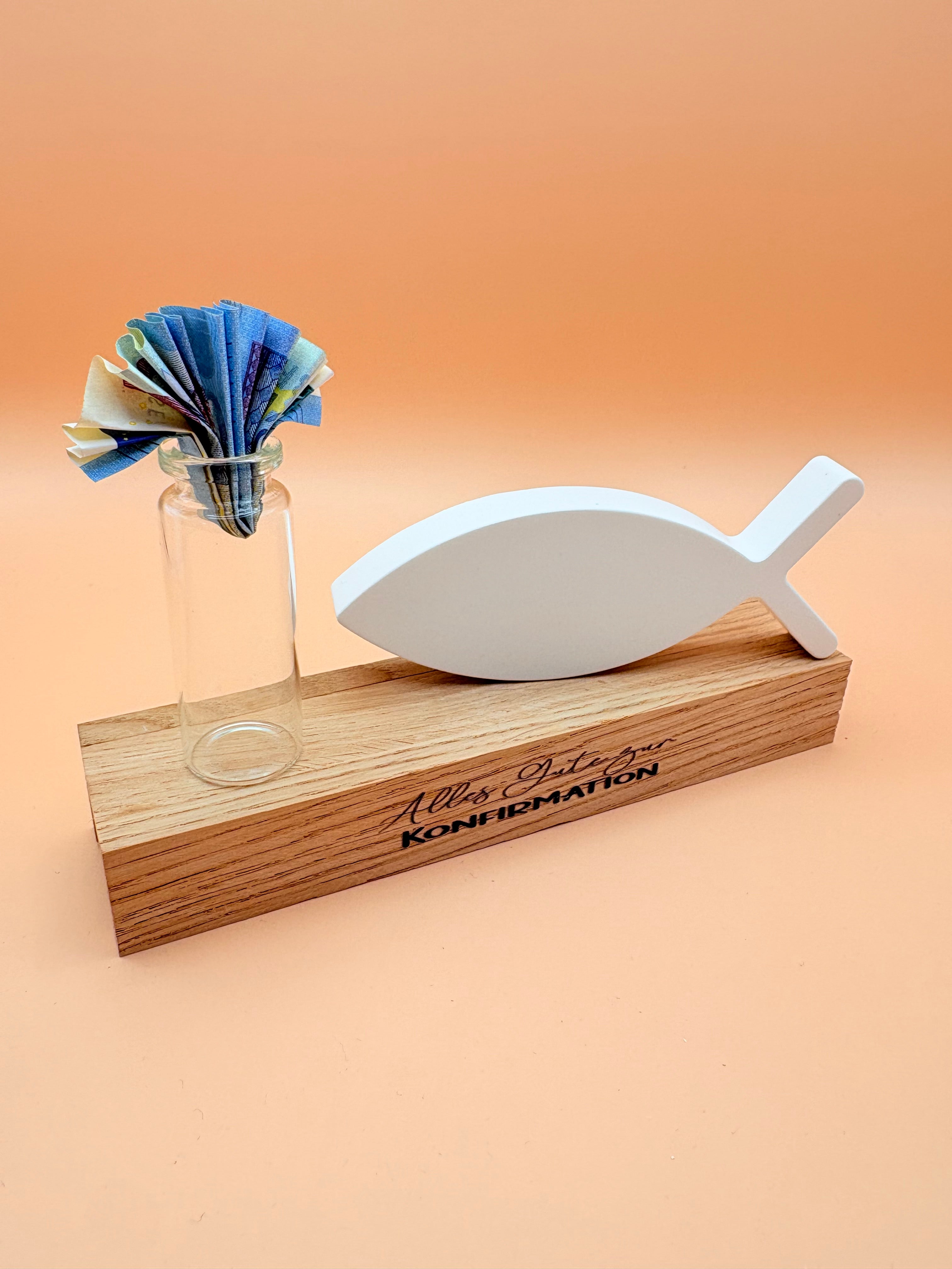 Konfirmation-Geschenkidee "Ichthys" auf Holz mit Reagenzglas