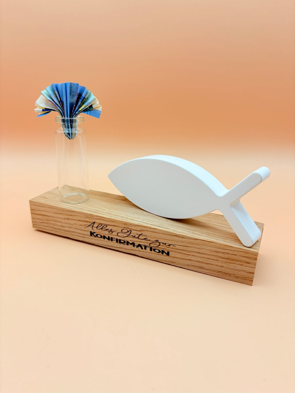 Konfirmation-Geschenkidee "Ichthys" auf Holz mit Reagenzglas