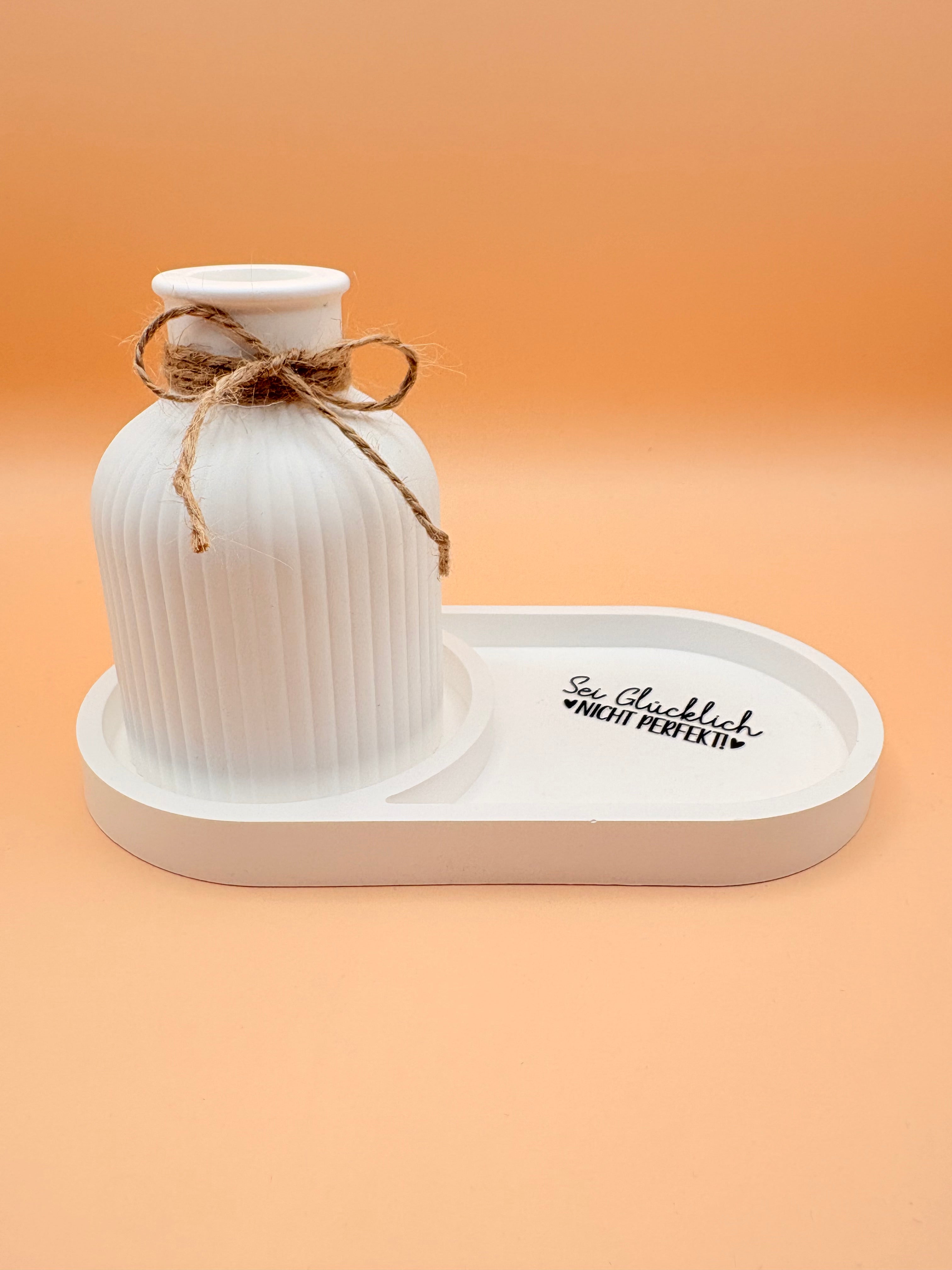 "Sei glücklich-nicht perfekt" Stilvolles Deko Set mit Vase und Tablett